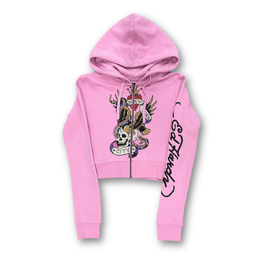ED HARDY “Flying Skull” PINK CROPPED ZIP UP HOODIE - Clean Curriculums 