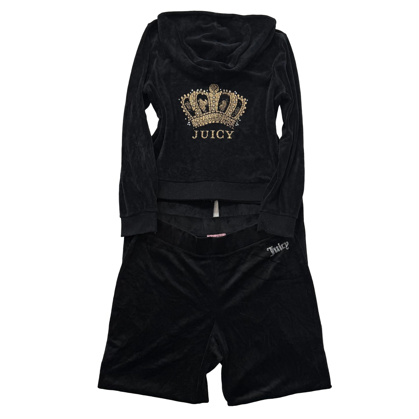 Juicy Couture Women's Black Velour Tracksuit Set Hoodie & Pant Crown Logo Size L