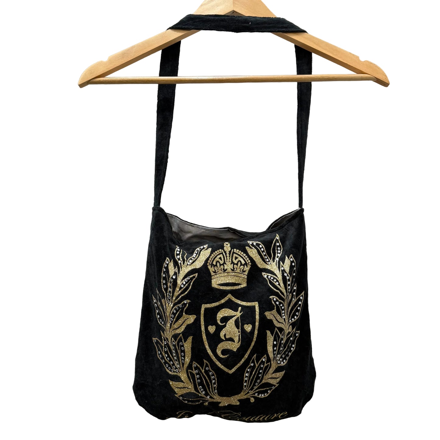 Juicy Couture Women's Black Velour Gold Embroidered Crest Logo Classsic Tote Bag
