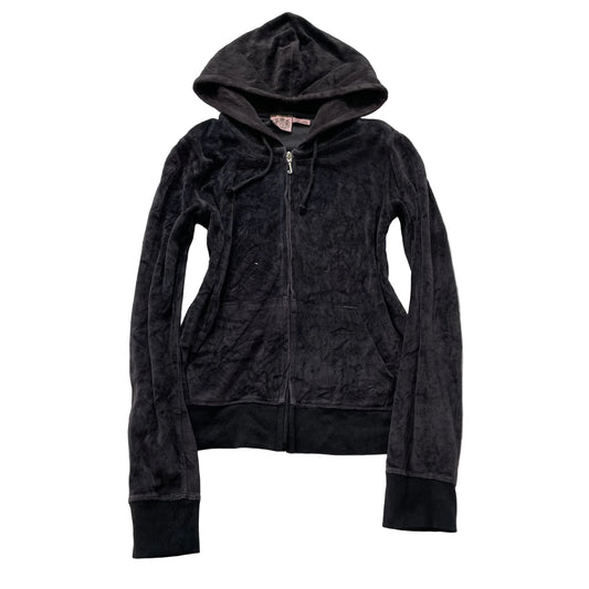 Vintage Juicy Couture Womens Deep Charcoal Velour Hoodie Scottie Dog Logo Size L
