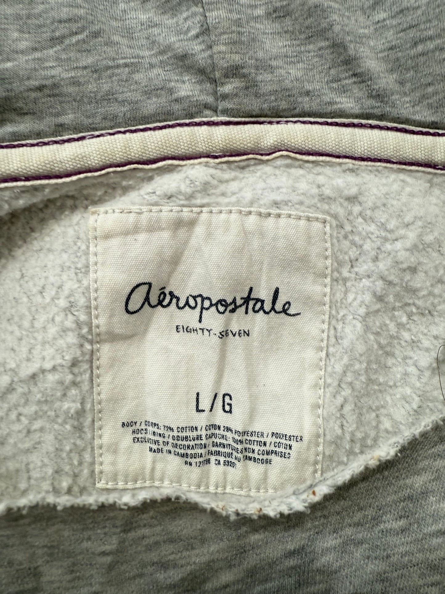 Aeropostale 87 Gray Cotton Blend Zip Up Hoodie Long Sleeves Loungewear Size L