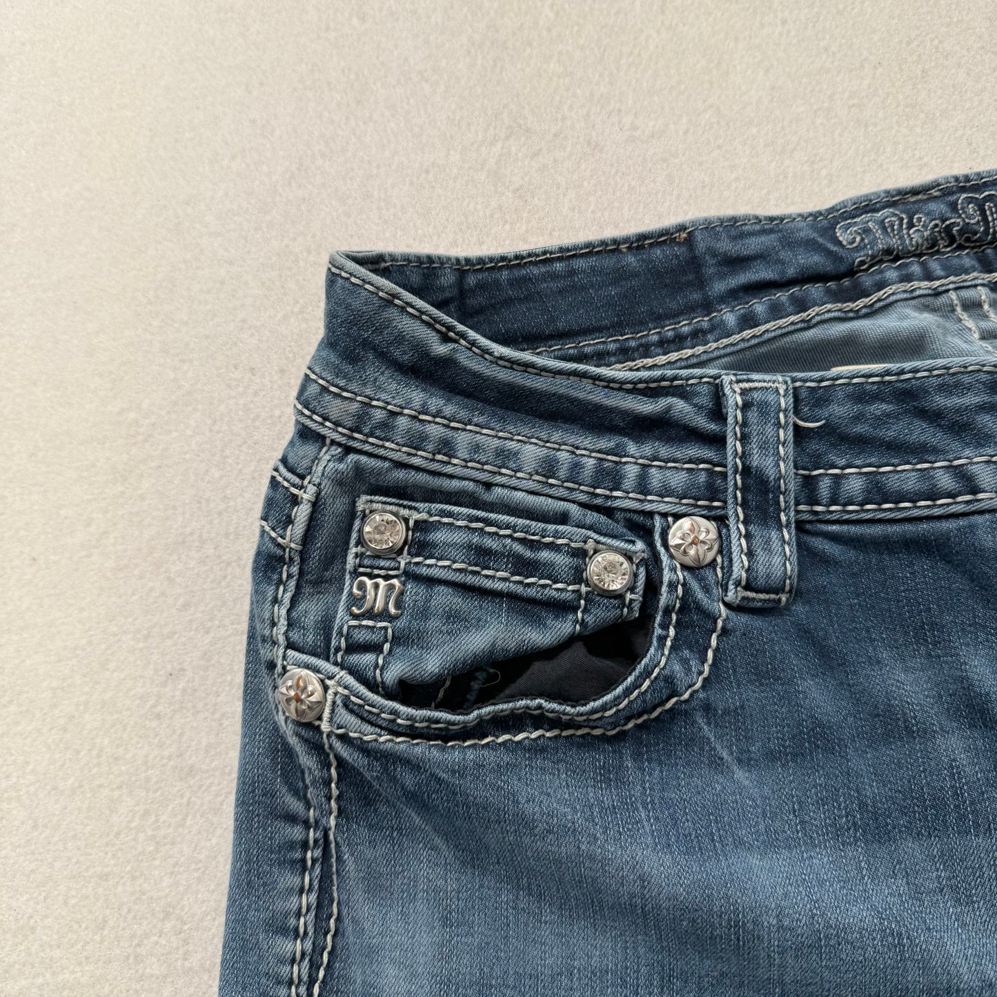 RARE Miss Me Blue Denim Flared Ornate Embellished Bootcut Jeans Low Rise Size 31