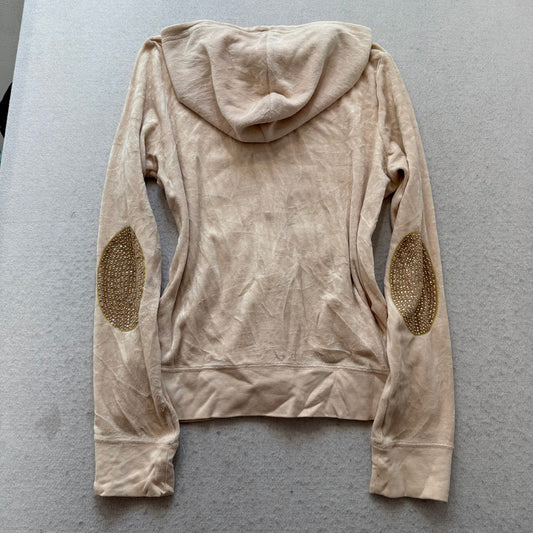 Juicy Couture Womens Beige Velour Zip-Up Hoodie Rhinestone Elbow Patches Size XL