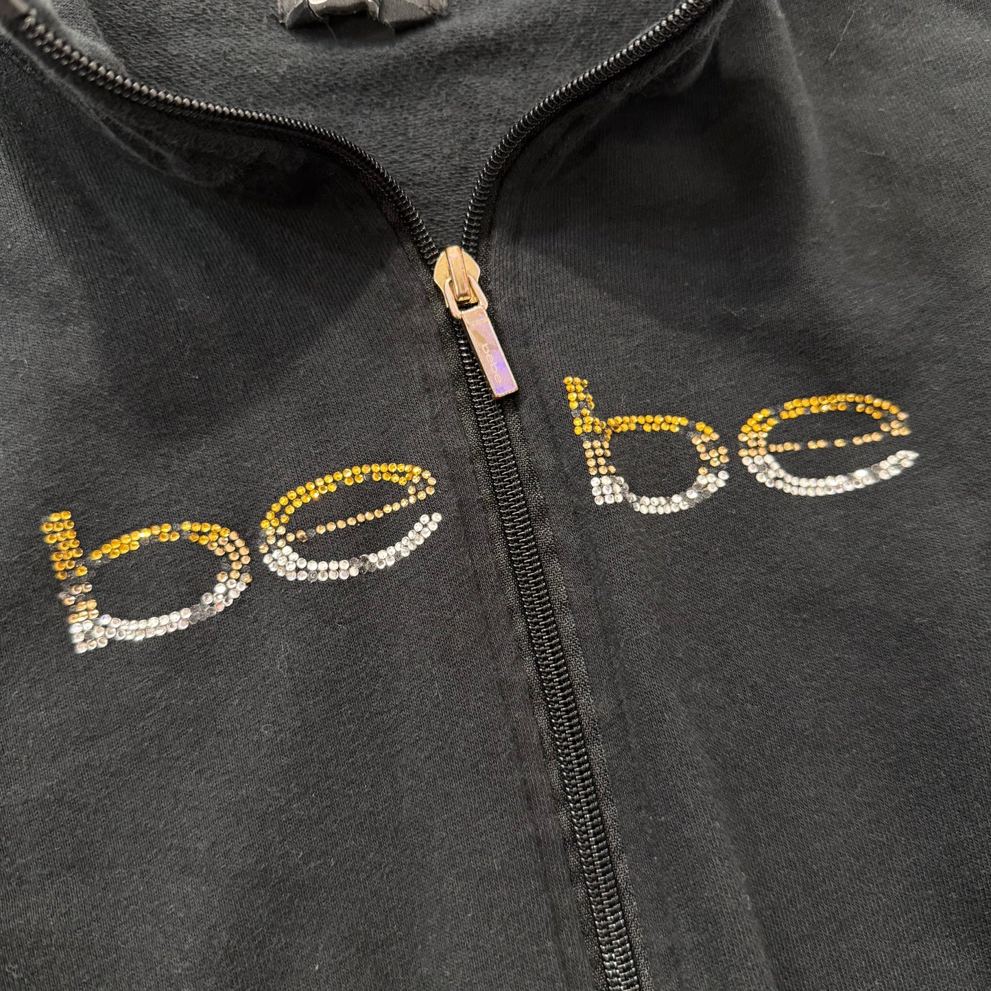 Bebe Women's Black Cotton Zip Up Track Jacket Rhinestone Logo Streetwear Size M