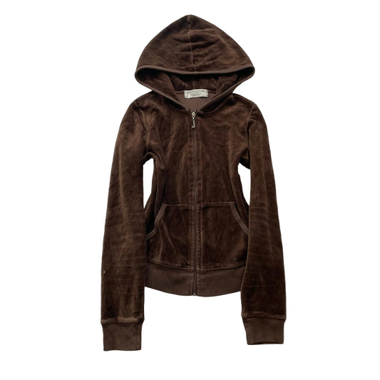 Vintage 90s Juicy Couture Women's Dark Brown Velour Zip-Up Hoodie Loungewear - S