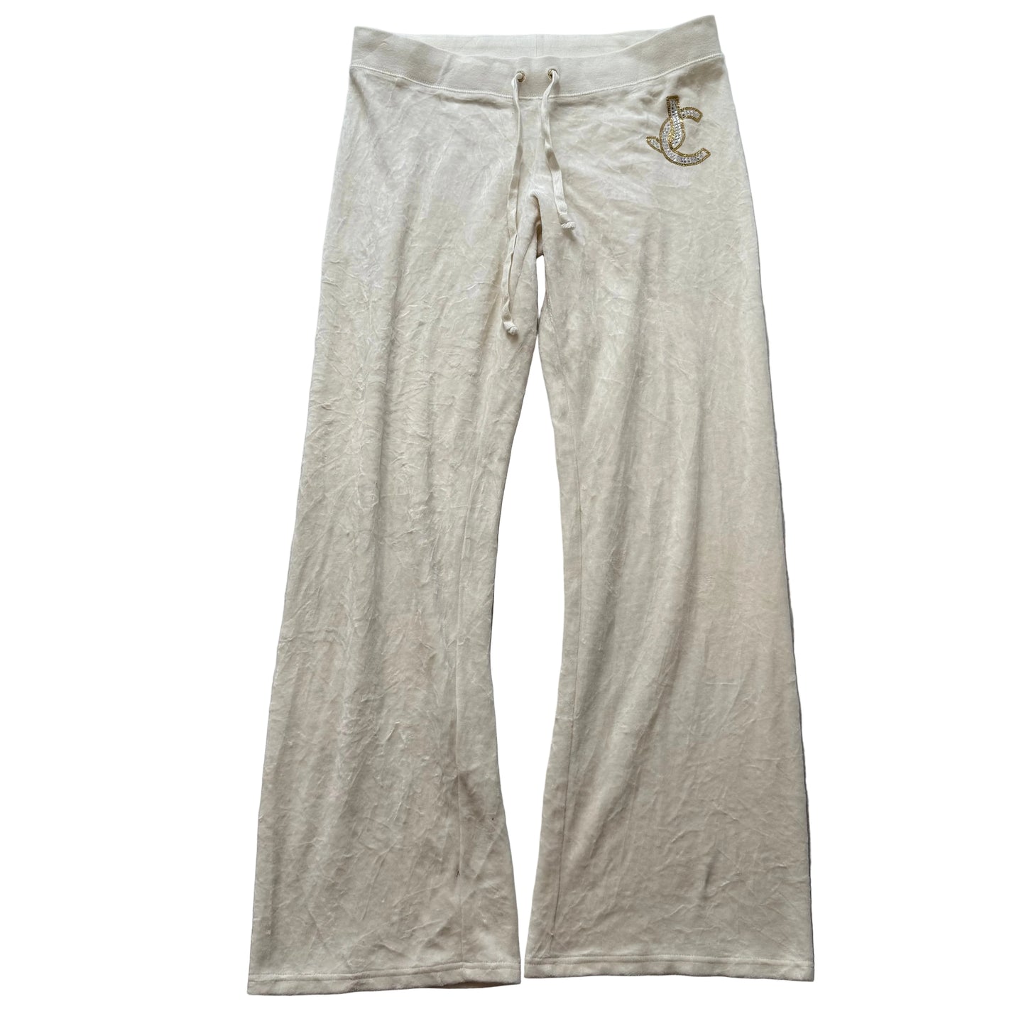 Juicy Couture Women's Cream Velour Flared Track Pant Rhinestones Logo Y2K Size L