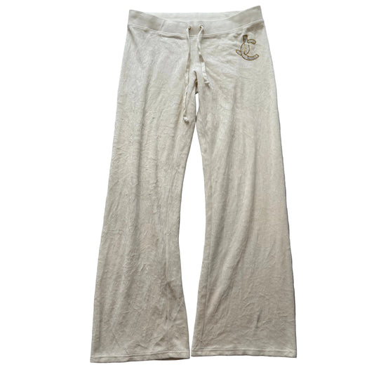 Juicy Couture Women's Cream Velour Flared Track Pant Rhinestones Logo Y2K Size L