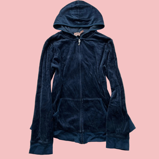 Vintage Juicy Couture Women's Navy Velour Zip-Up Hoodie Pocket Streetwear Size L