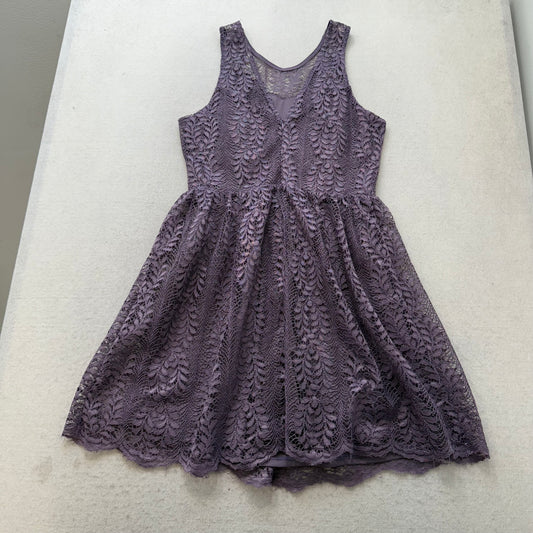 Francescas Womens Purple Lace Mini Dress Floral Rose Appliques Sleeveless Size S