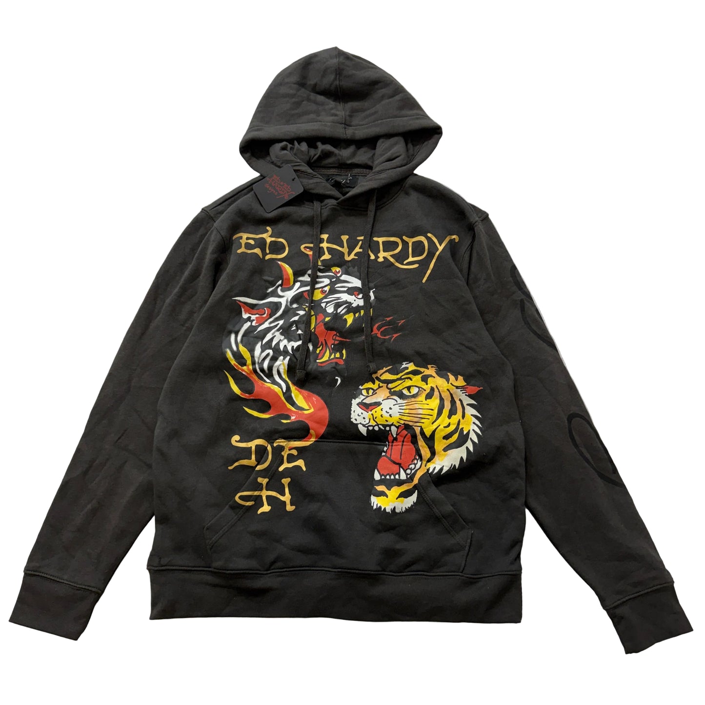 Ed Hardy Tigers Graphics Hoodie Men's Charcoal Pullover Streetwear Y2K Size M