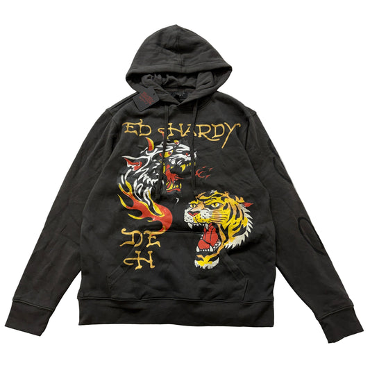 Ed Hardy Tigers Graphics Hoodie Men's Charcoal Pullover Streetwear Y2K Size M