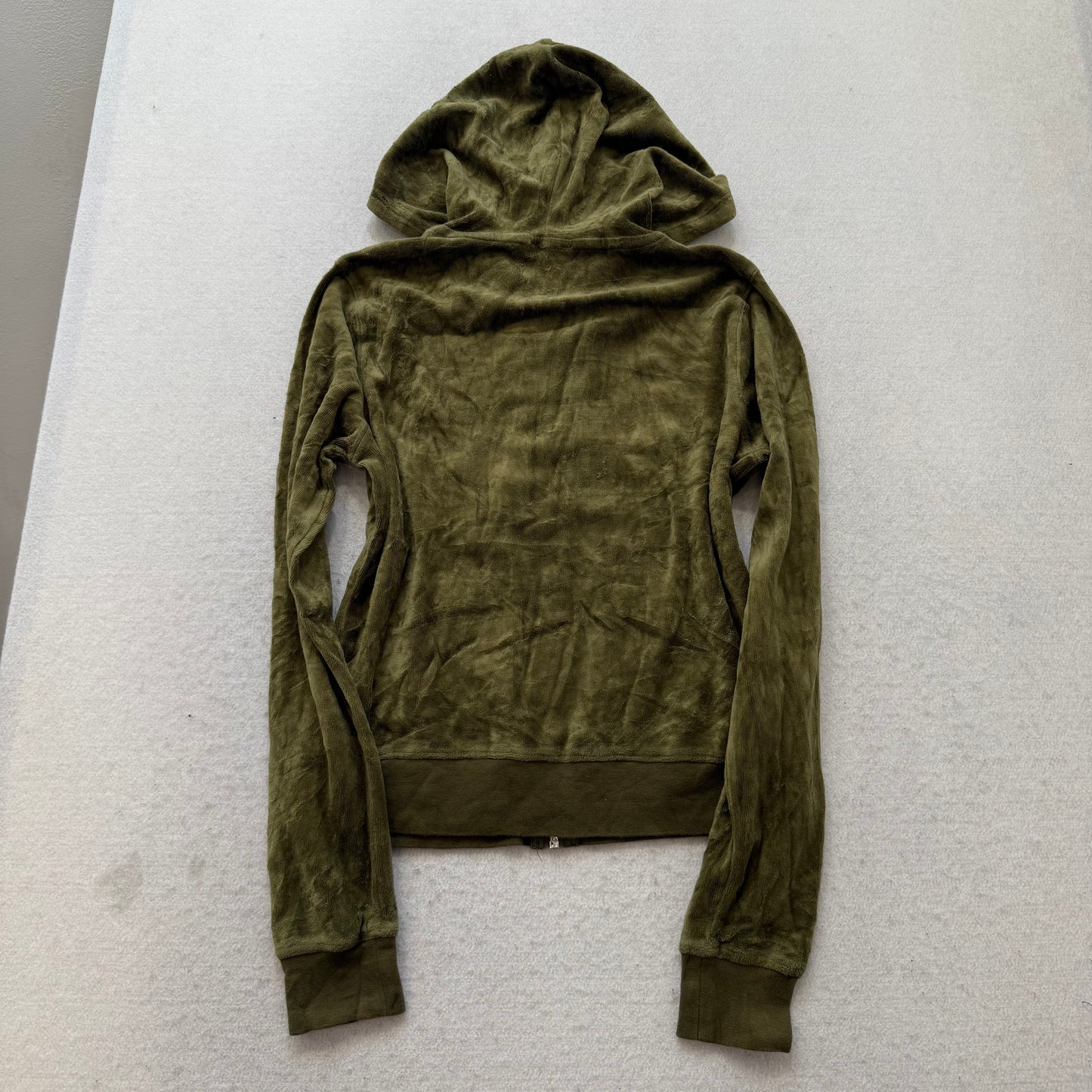 Vintage Juicy Couture Womens Olive Green Velour Zip-Up Hoodie Pockets Y2K Size S