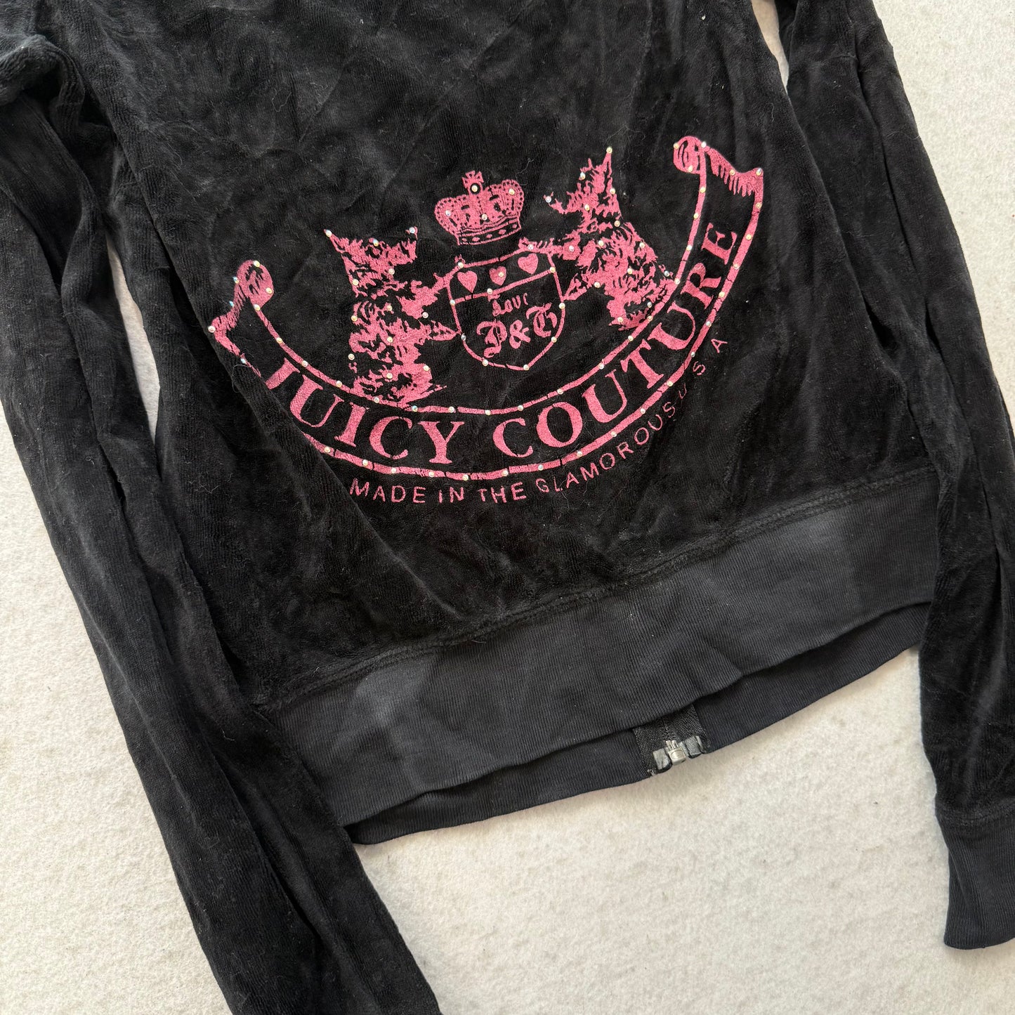2003 Vintage Juicy Couture “Scottie Dog” Women Black Velour Zip Up Hoodie Size M