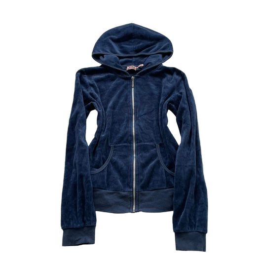Juicy Couture Women's Navy Velour Zip-Up Hoodie Kangaroo Pockets Dog Logo Size M