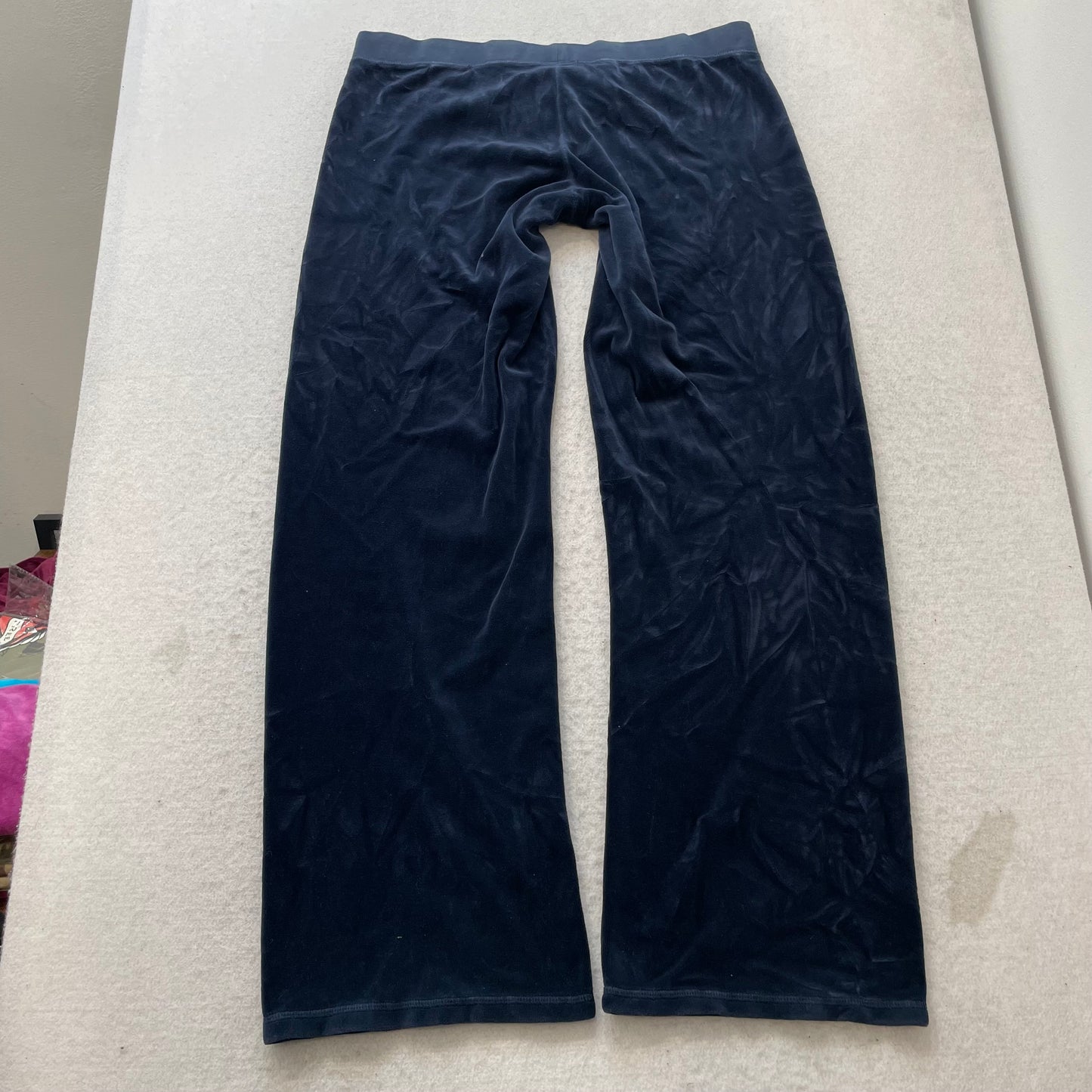 Vintage Juicy Couture Women Navy Blue Velour Flared Track Pant Drawstring Size L