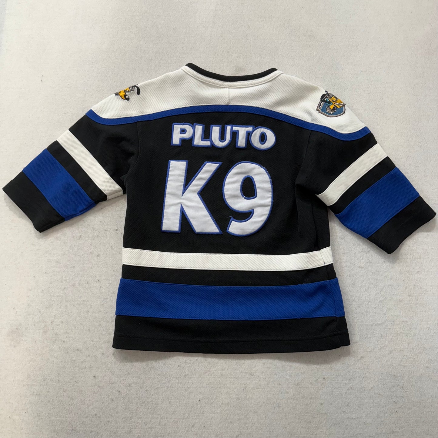 Vintage Disneyland Resort Pluto #K9 Kids Black Blue Icehounds Hockey Jersey Size S