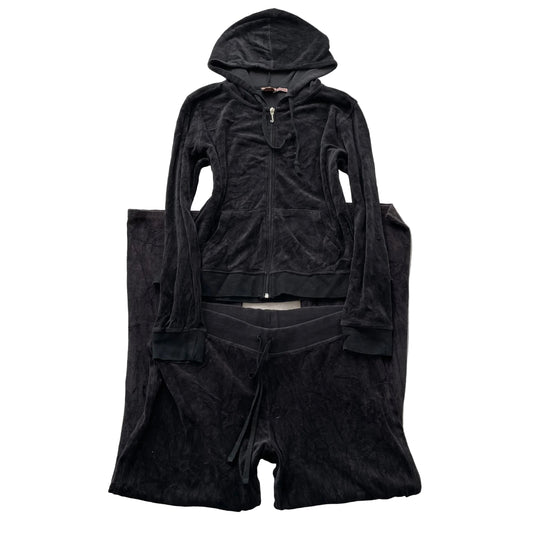 Vtg Juicy Couture Women's Faded Black Velour Tracksuit Set Hoodie & Pant Size XL