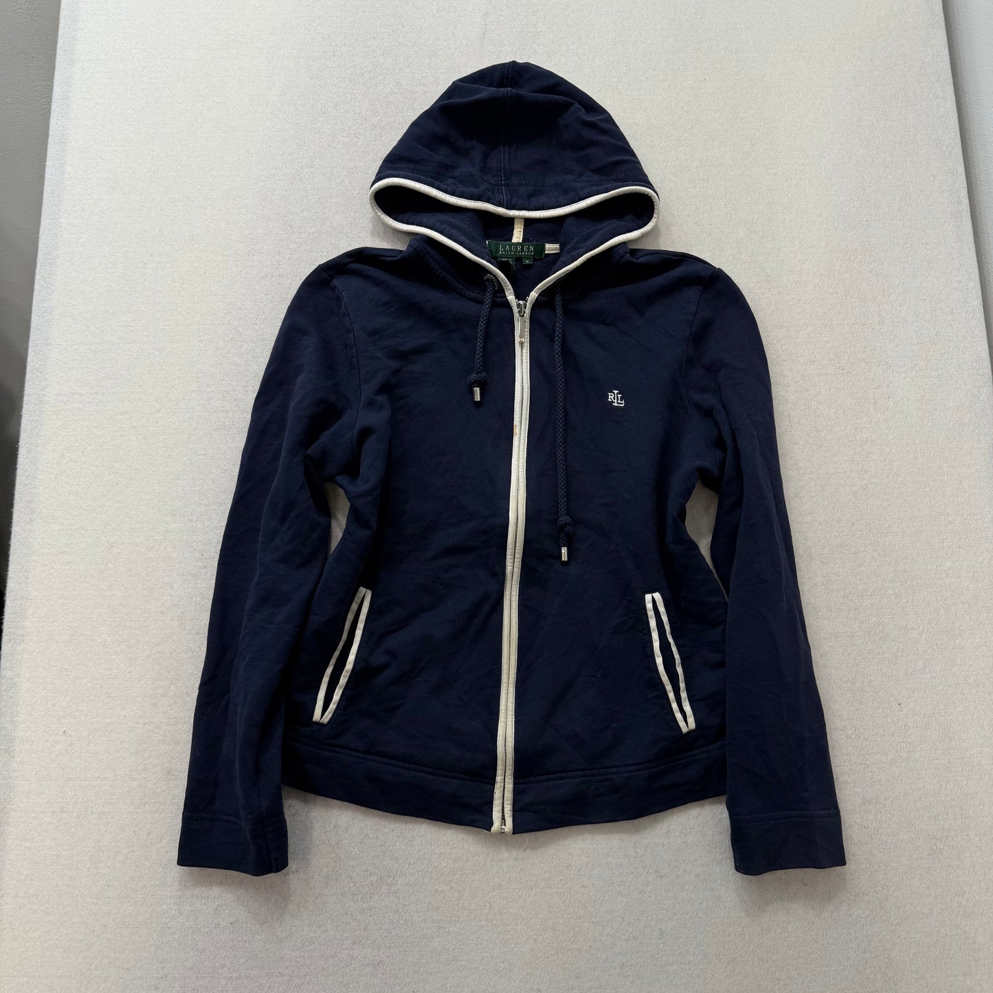 Lauren Ralph Lauren Navy Zip Hoodie Drawstring Small Logo Stains Size M