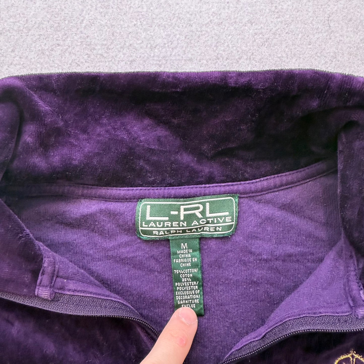 Ralph Lauren Women Deep Purple Velour Zip-Up Track Jacket Embroidery Logo Size M