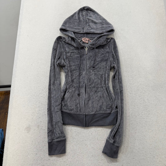 Vintage Juicy Couture Womens Gunmetal Velour Zip Up Hoodie Loungewear Y2K Size L