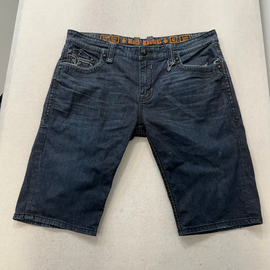 Rock Revival Leslie Dark Washed Indigo Denim Shorts Fleur-de-lis Pockets Size 42