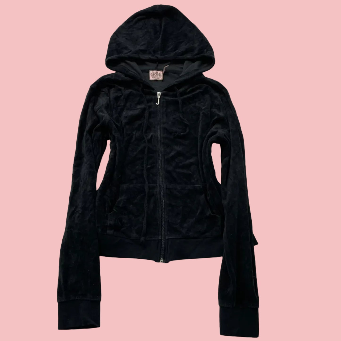 Vintage Juicy Couture Women Black Velour Zip-Up Hoodie Drawstring Pockets Size L