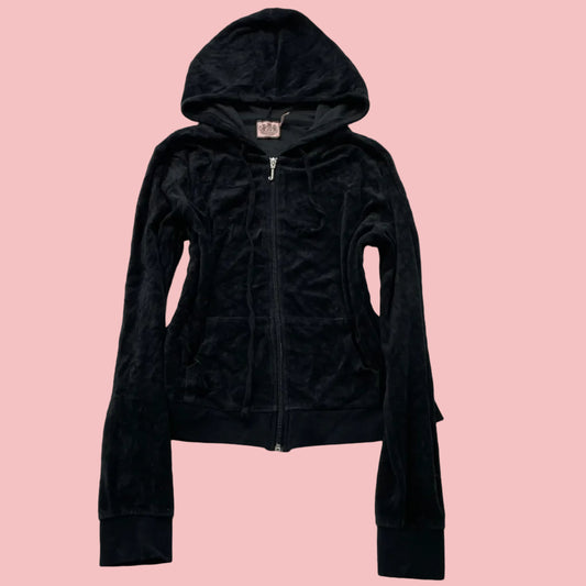 Vintage Juicy Couture Women Black Velour Zip-Up Hoodie Drawstring Pockets Size L
