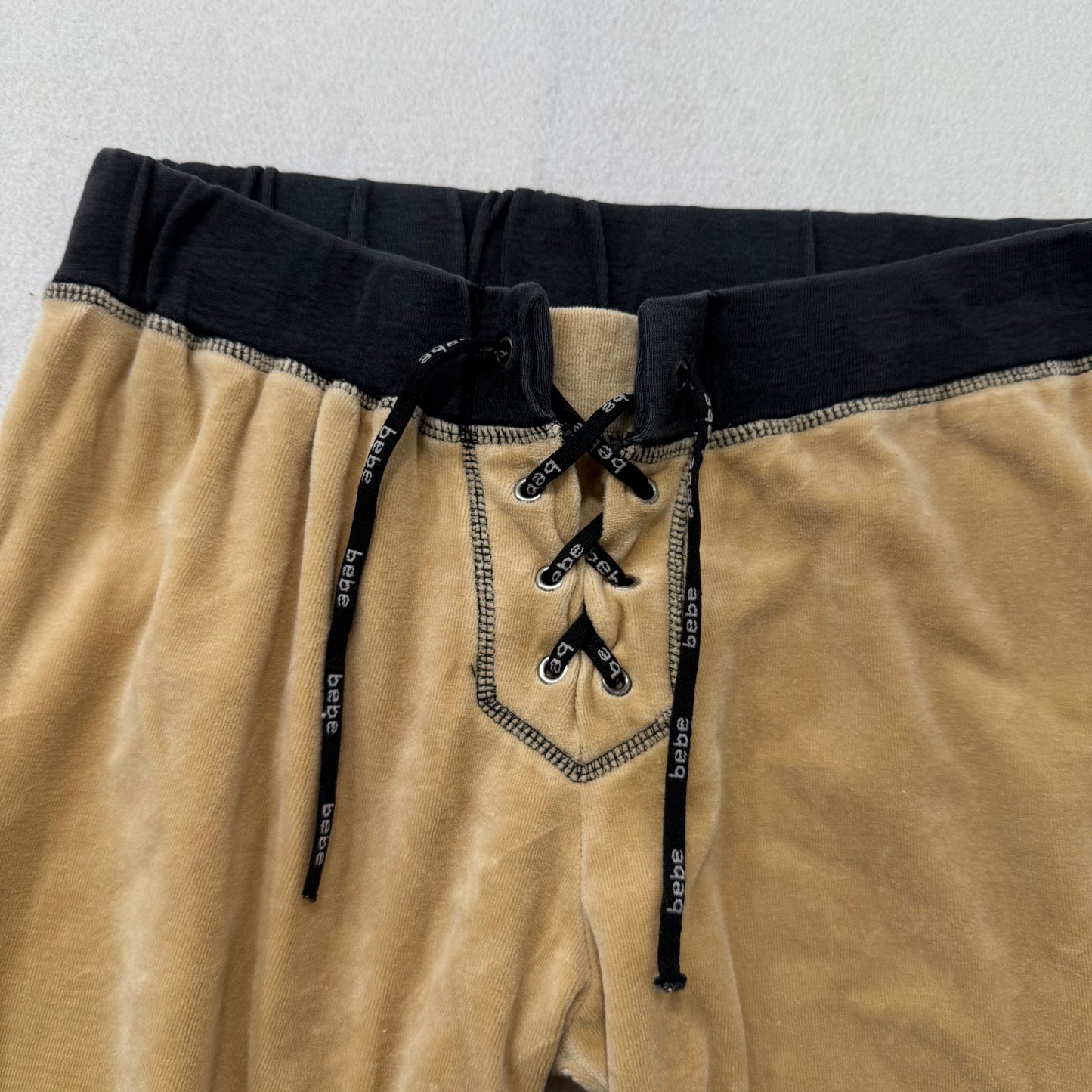BEBE Tan Velour Lace Up Drawstring Flare Pants Size M