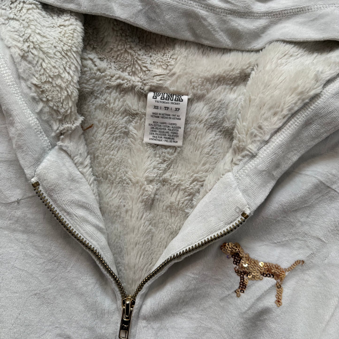 Victoria's Secret PINK White Faux Fur-Lined Zip-Up Hoodie Gold Sequin Size XS