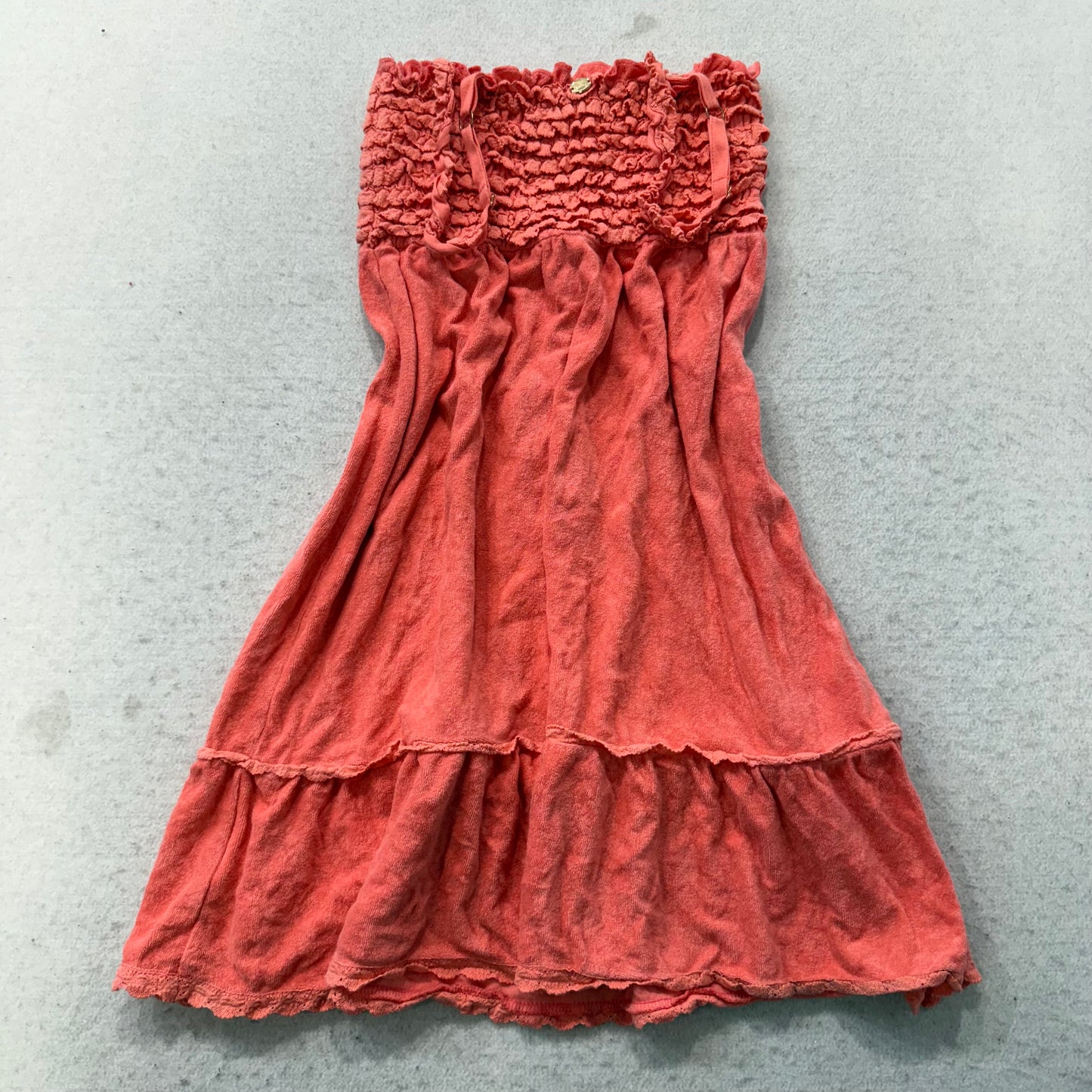 Vintage Juicy Couture Coral Terry Cloth Smocked Tube Dress Shoulder Strap Size S