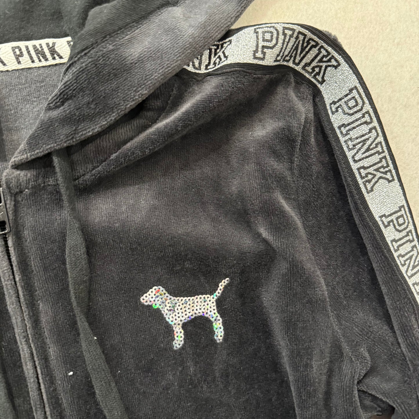 Vintage Victoria’s Secret PINK Black Velour Zip Hoodie Sequin Dog Size XS
