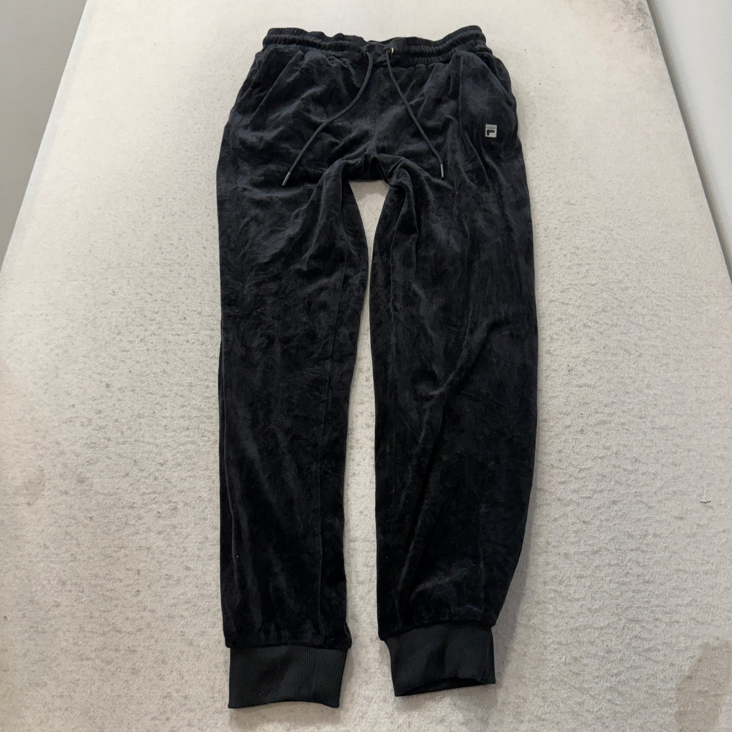 Fila Womens Black Velour Pajama Pants Tapered Leg Drawstring Pockets Logo Size S