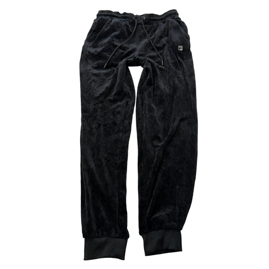 Fila Womens Black Velour Pajama Pants Tapered Leg Drawstring Pockets Logo Size S