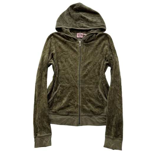 Juicy Couture Women's Olive Velour Zip-Up Hoodie Loungwear Pockets Y2k Size XL