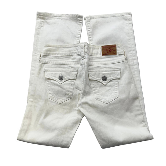 True Religion White Denim Flared Jeans Back Snap Pockets Mid Rise Size 28