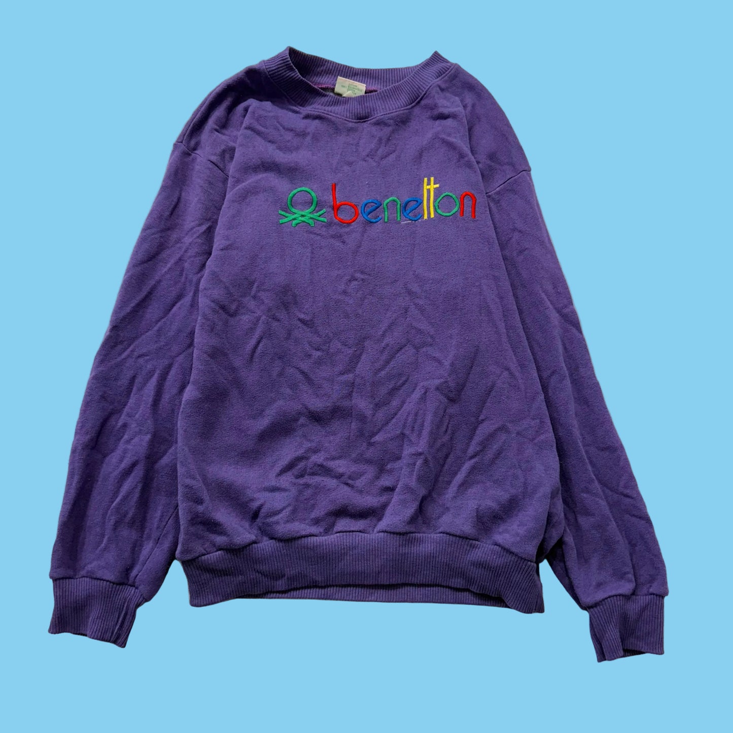 Benetton Unisex Purple 100% Cotton Sweatshirt Embroidered Spellout Logo Size S