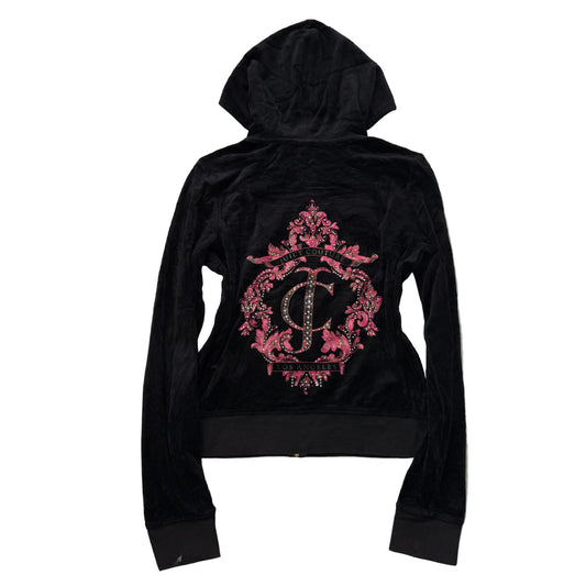 Juicy Couture Los Angeles Women's Black Velour Zip-Up Hoodie Crest logo Size L