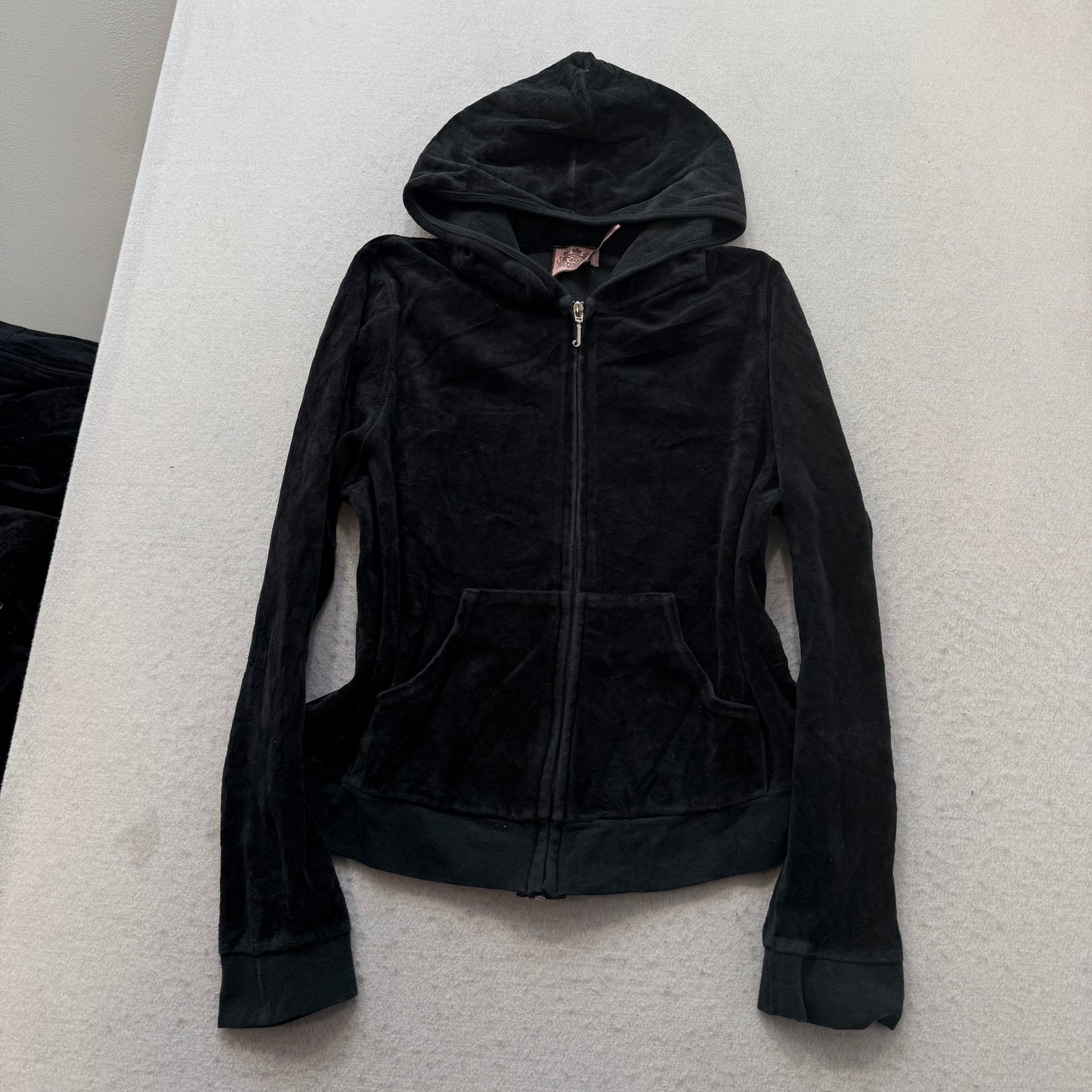 Juicy Couture Women Black Velour Tracksuit Set Hoodie & Snap Pockets Pant Size M