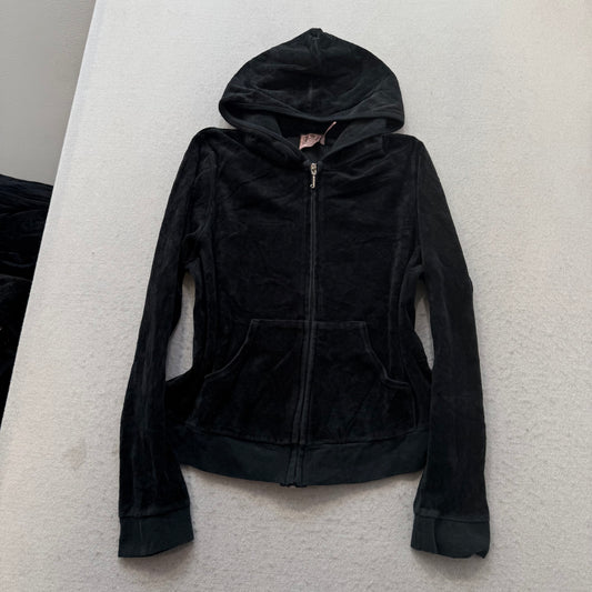 Juicy Couture Women Black Velour Tracksuit Set Hoodie & Snap Pockets Pant Size M
