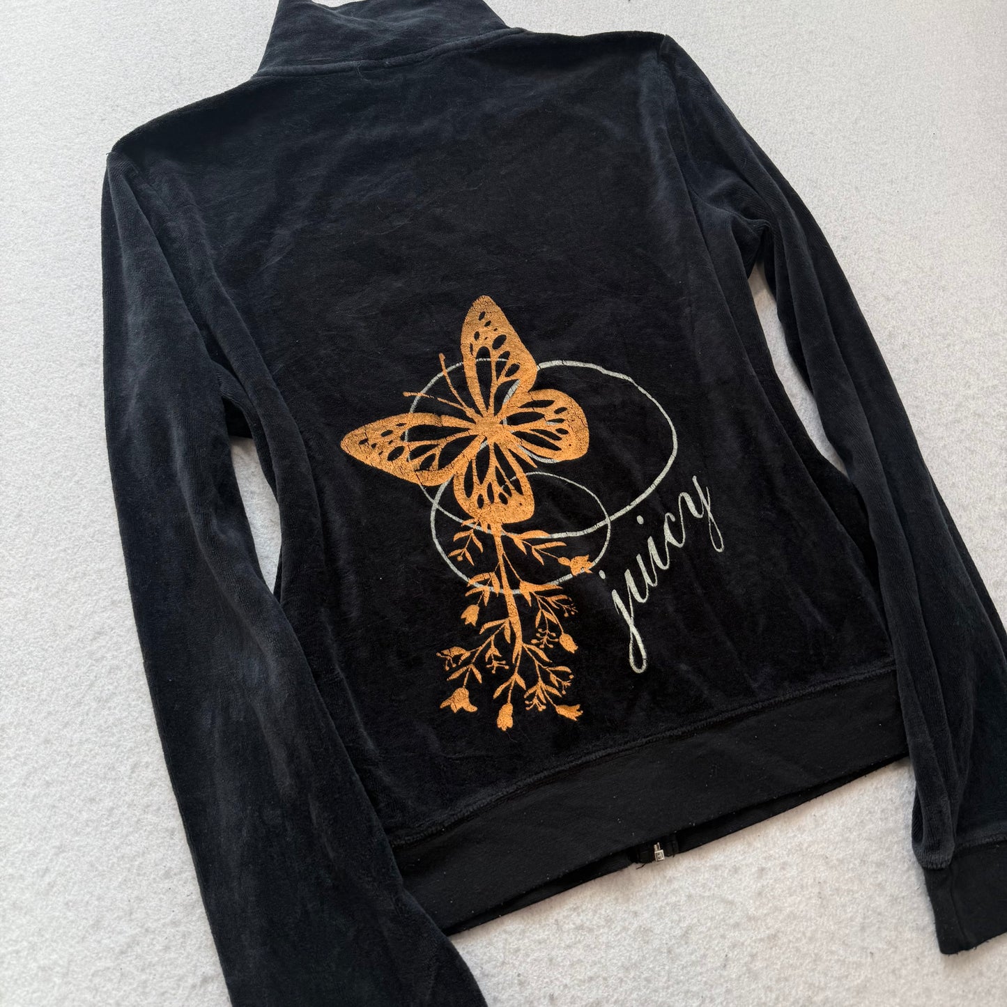 Vintage Juicy Couture Womens Black Velour Zip-Up Hoodie Butterfly Graphic Size L