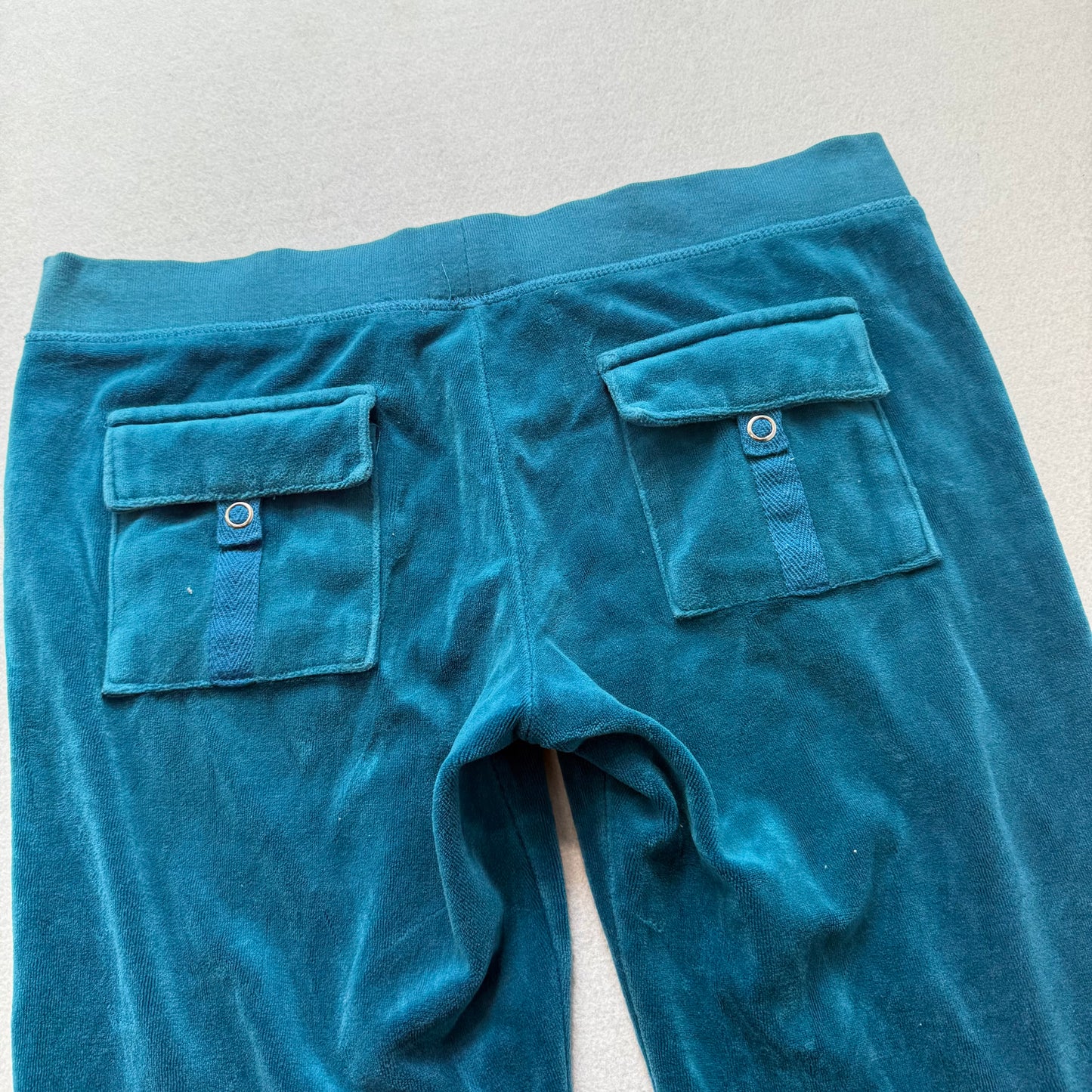 Vintage Juicy Couture Women's Dark Teal Velour Flared Track Pants Pockets Size L