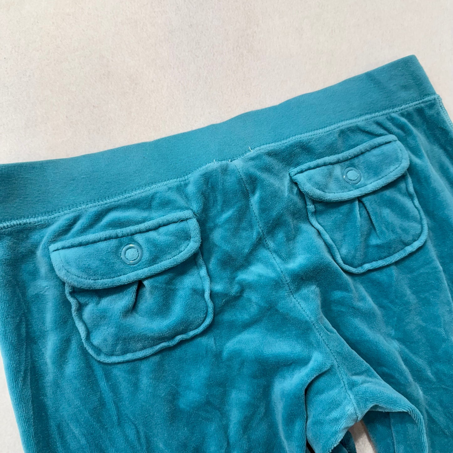 Vintage Juicy Couture Women Teal Blue Velour Flare Track Pant Snap Pocket Size L