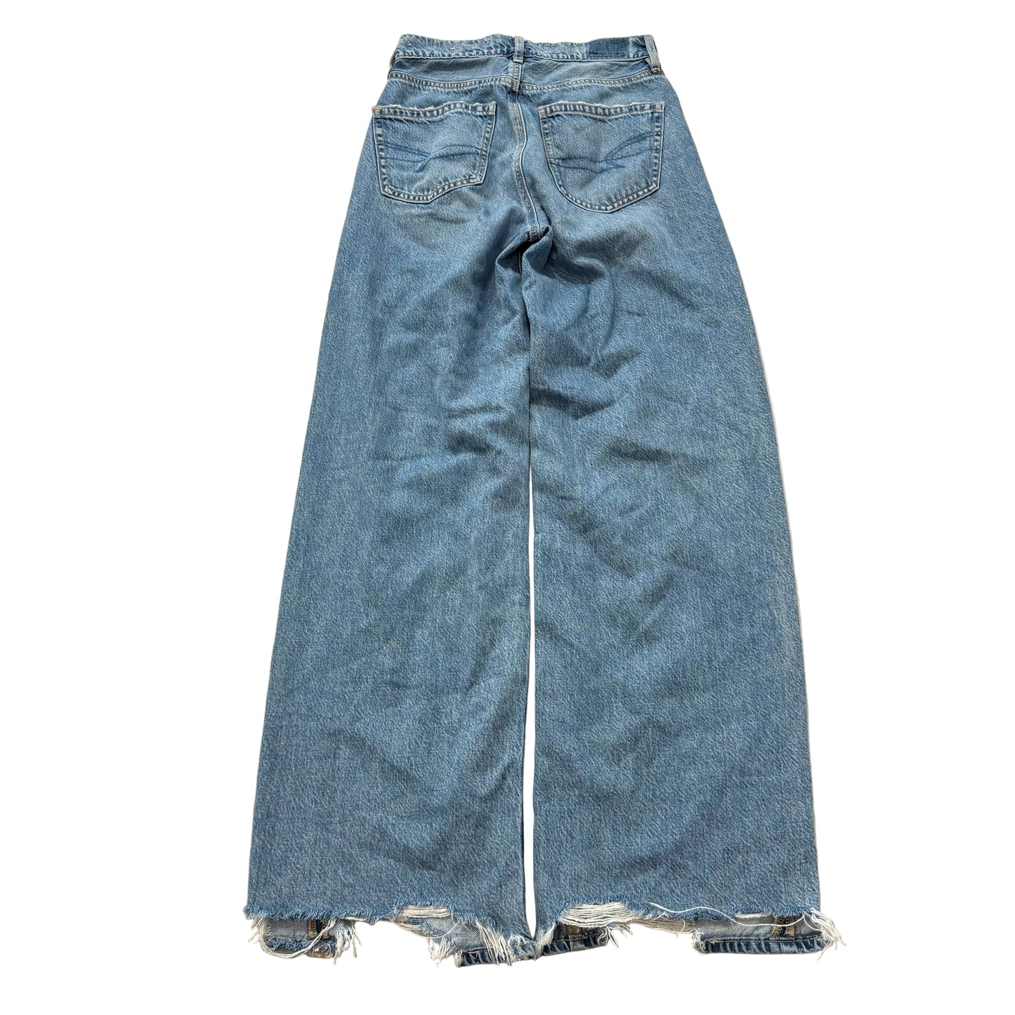 American Eagle Women's Blue Denim Straight Wide Leg Jeans Frayed Hem Y2K Size 26