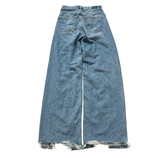 American Eagle Women's Blue Denim Straight Wide Leg Jeans Frayed Hem Y2K Size 26
