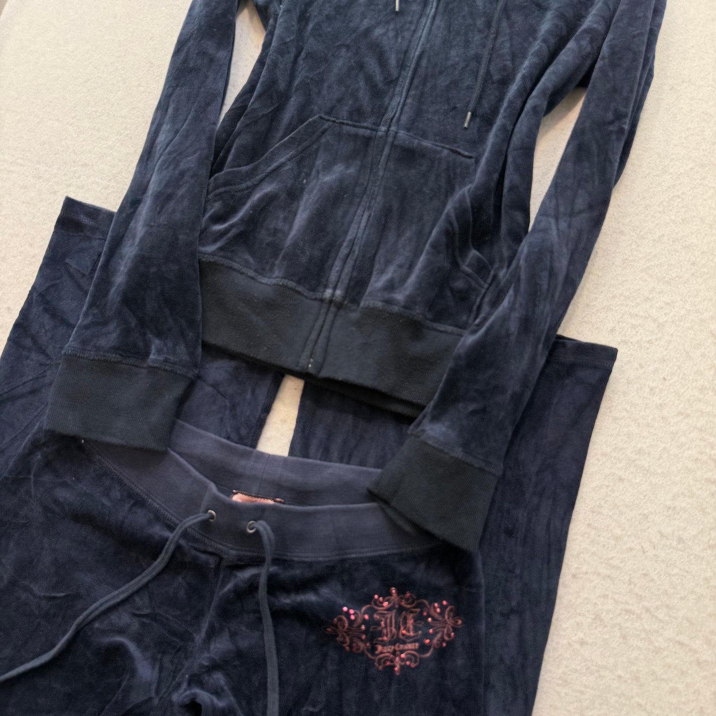 Vtg Juicy Couture Women's Navy Velour Tracksuit Set Hoodie & Flare Pant Size S/P