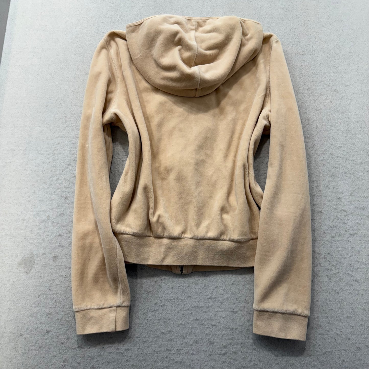 Vintage Juicy Couture Women's Tan Velour Zip-Up Hoodie Loungewear Pockets Size L