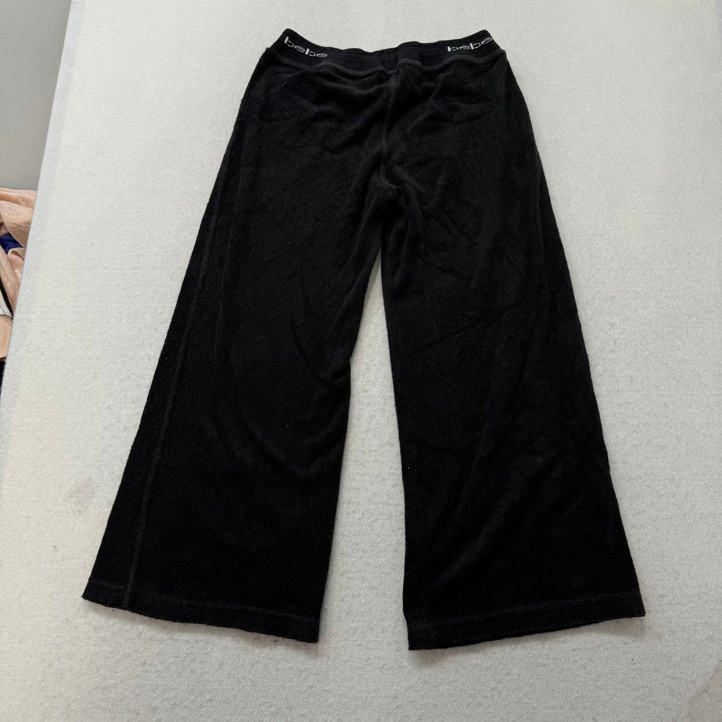 Bebe Women's Black Terrycloth Wide Leg Capri Zip Pocket Made In The USA Size S