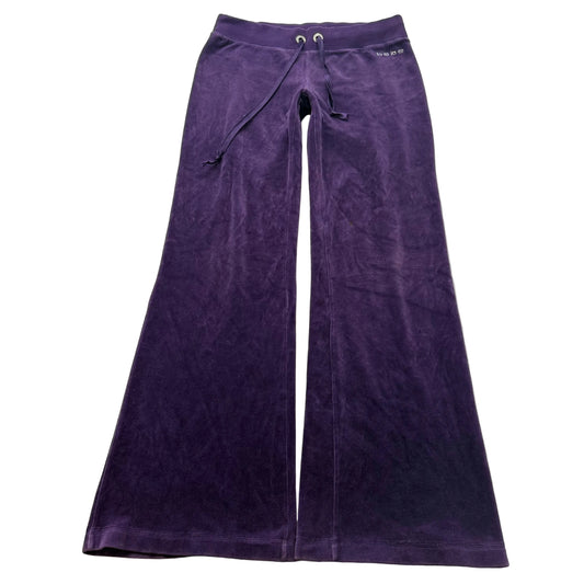 Bebe Women Deep Purple Velour Flared Track Pant Low Rise Rhinestones Logo Size S