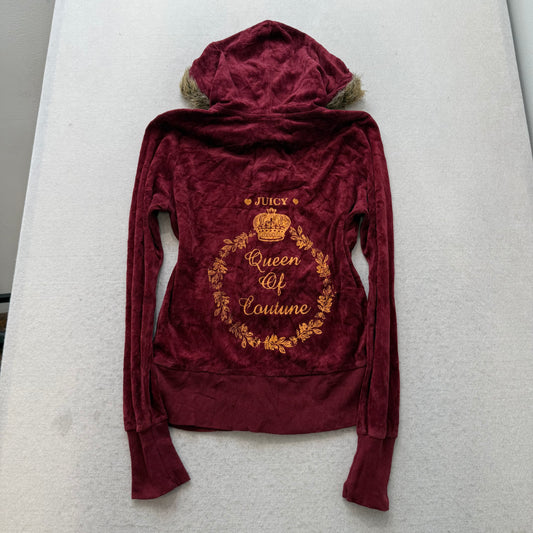 Vintage Juicy Couture “Queen of Couture“ Women's Maroon Zip Up Hoodie Y2K Size L