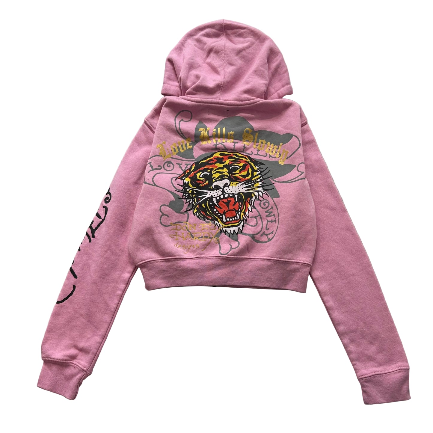 Ed Hardy Love Skull & Tiger Women's Pink Zip-Up Cropped Hoodie Graphic Size XL